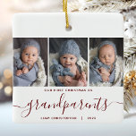Ornement En Céramique Grand-parents 1er Noël 3 Photo Script rouge<br><div class="desc">Aidez-les à commémorer le premier Noël de leur petit-enfant avec ce magnifique ornement moderne de gardien. Le texte rouge bordeaux dit "Notre premier Noël en tant que grands-parents", avec le mot "grands-parents" dans un élégant script d'écriture manuscrite avec des fioritures avant et après. Remplacez les trois exemples d'images par vos...</div>