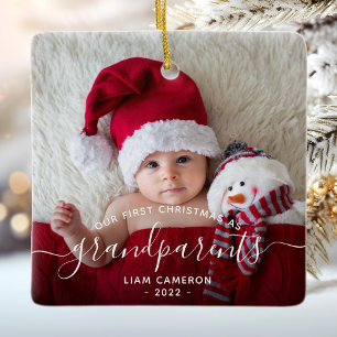Ornement En Céramique Grand-parents First Christmas Photo White Script
