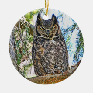 Ornement En Céramique Grand regarder de hibou à cornes