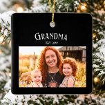 Ornement En Céramique Grandma Established Custom Name Year Photo Black<br><div class="desc">This Sophisticated Boho Chic Design has a customizable Grandmother Name and Year Established. The bold white elegant font is stylish and elevates this with a strikingly unique look. Add your own photo and shine your "Modern Chic Grandma" status in style! And this would also be an exceptional gift for that...</div>