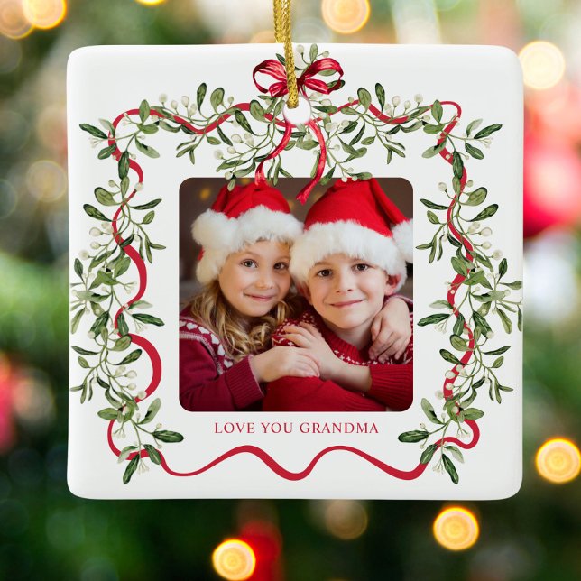 Ornement En Céramique Grandma Wavy Frame Bow Green Photo Noël (Créateur téléchargé)