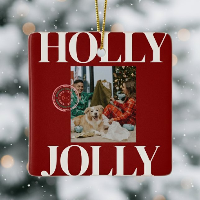 Ornement En Céramique Gras Moderne Photo Famille Jolie Carte Vacances Ti (Celebrate the season in bold style with this playful “Holly Jolly” ornament!)