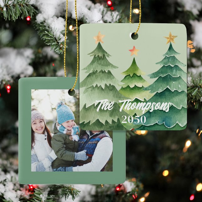 Ornement En Céramique Green Christmas Tree Photo Holiday Custom (Christmas tree holiday custom photo ornaments. )