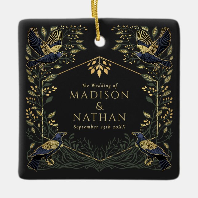 Ornement En Céramique Green Enchanted Gothique Corbeau Mariage Floral (Devant)