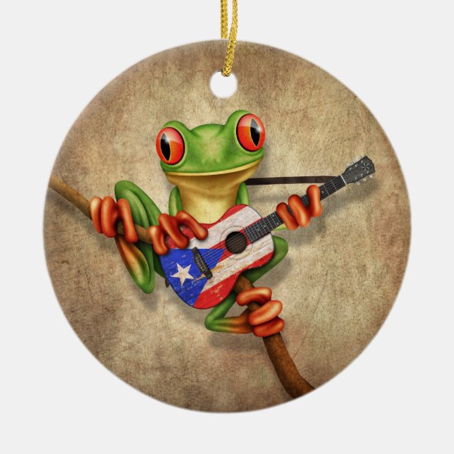 Ornement En Céramique Grenouille d'arbre jouant la guitare de drapeau de (Devant)