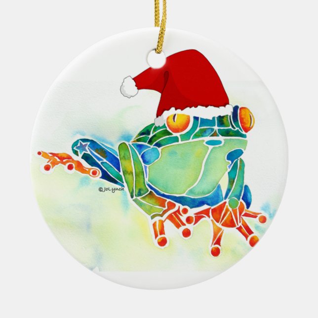 Ornement En Céramique Grenouille de Noël avec le casquette de Père Noël (Devant)