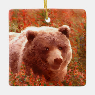 Ornement En Céramique Grizzly Bear Cub dans Fireweed Peinture Art de la