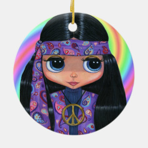 Ornement En Céramique Groovy Hippie Chick in Purple Paisley Peace Sign