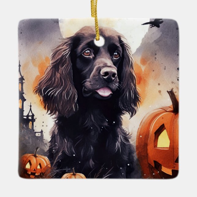 Ornement En Céramique Halloween Cocker Spaniel Avec Citrouilles (Devant)