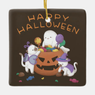 Ornement En Céramique Halloween heureux : Chats et fantômes