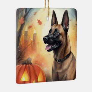 Ornement En Céramique Halloween Malinoi Belge Avec Peur Citrouille