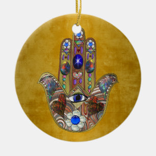 Ornement En Céramique Hamsa Coeurs Fleurs Opal Art sur Or