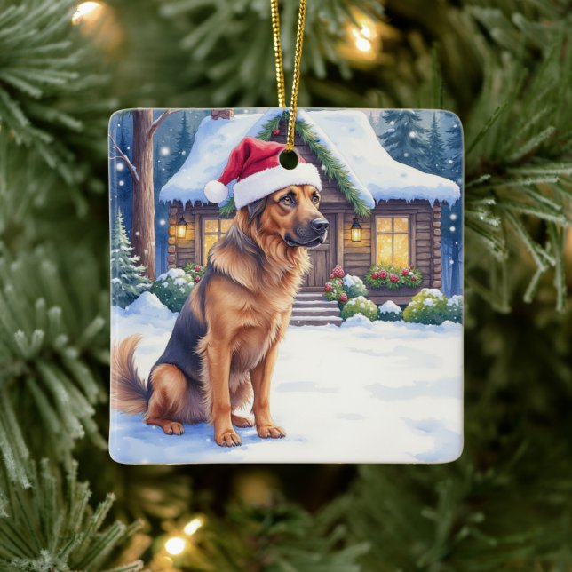 Ornement En Céramique Hanoverian Scenthound Snowy Forest Cabin Santa Hat (Arbre)