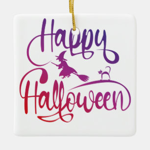 Ornement En Céramique Happy Halloween dégradé volant sorcière chat
