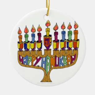 Ornement En Céramique Happy Hanukkah Dreidels Menorah