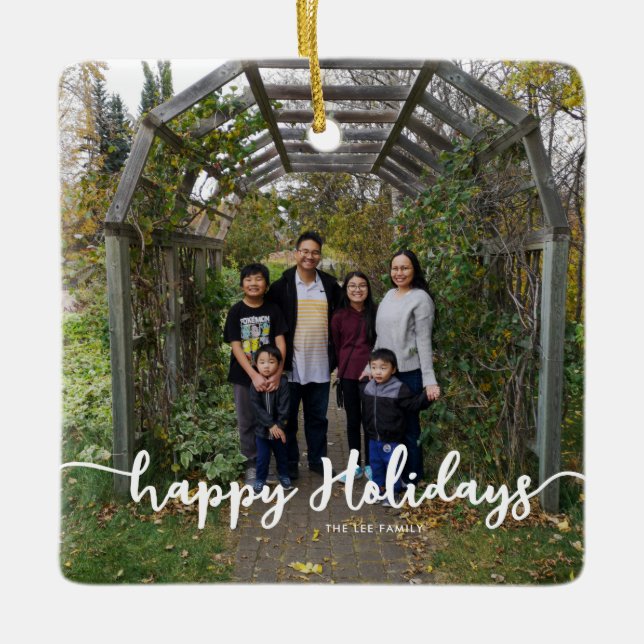 Ornement En Céramique Happy Holidays Family Photo Lettering Modern Chic (Devant)