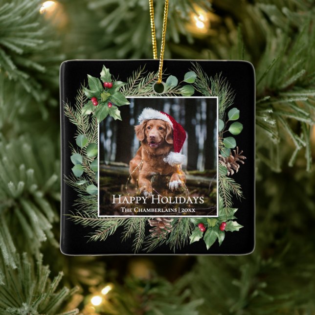 Ornement En Céramique Happy Holidays Pet Photo Wreath  (Arbre)