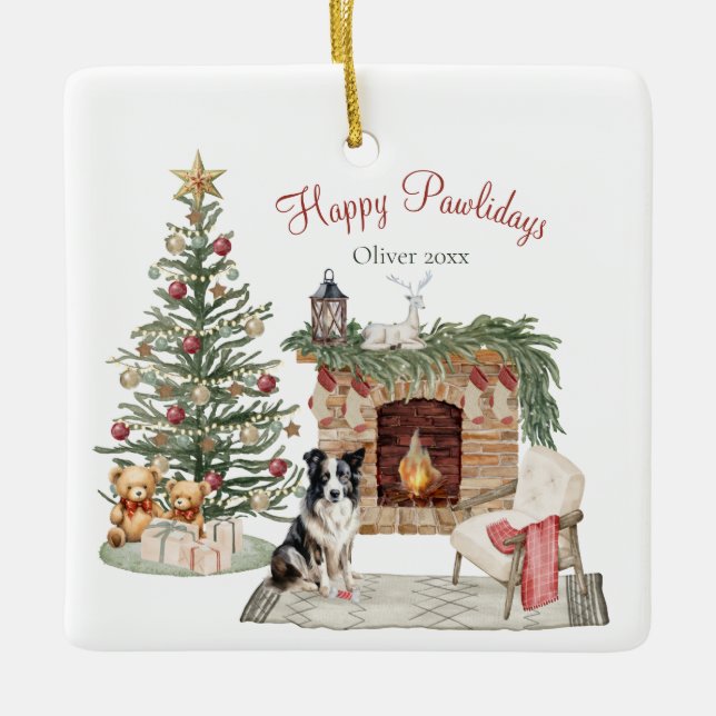 Ornement En Céramique Happy Pawlidays Chien Design - Collie (Devant)