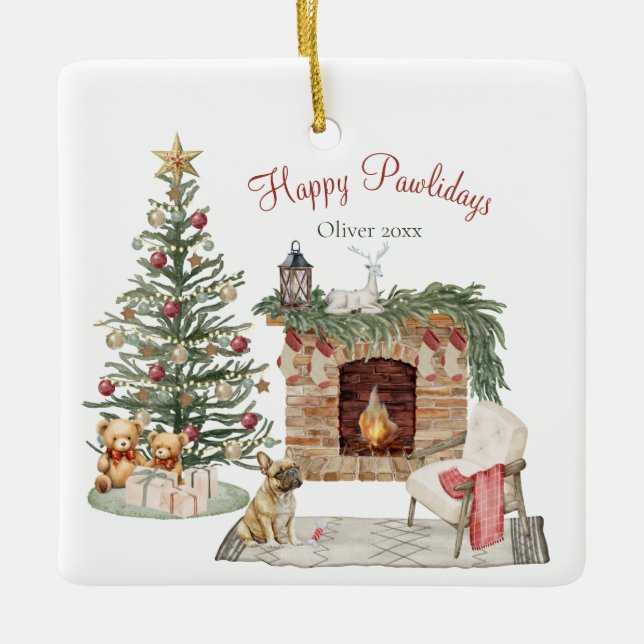 Ornement En Céramique Happy Pawlidays Chien Design - French Bulldog (Devant)