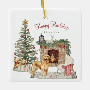 Ornement En Céramique Happy Pawlidays Chien Design - Golden Retriever