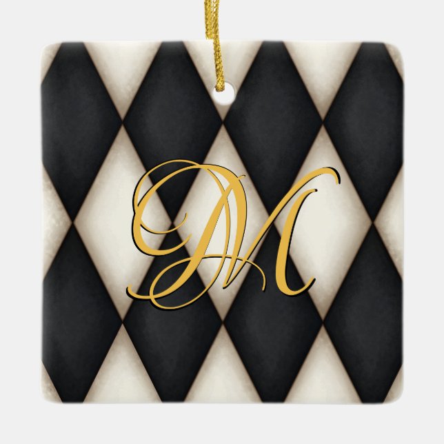 Ornement En Céramique Herlequin noir et blanc Faux Antique Monogramme (Devant)
