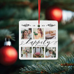 Ornement En Céramique Heureusement que jamais après les jeunes mariés Ma<br><div class="desc">Un collage photo mariage spécial personnalisé affiche vos propres photos et souvenirs mariages spéciaux. Notre design comprend un design simple de 6 collages photo avec "Happily Ever After" conçu dans une belle paire de texte manuscrite de style script noir. Customisez avec vos prénoms et la date du mariage au dos...</div>