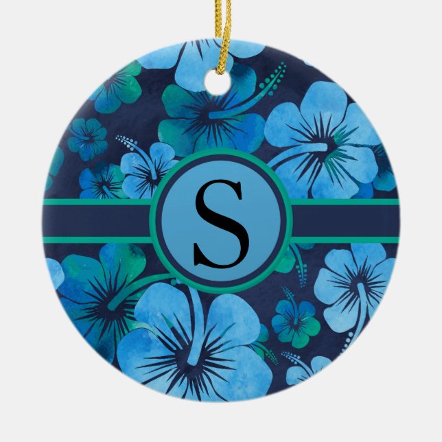 Ornement En Céramique Hibiscus Tropical Vert Bleu Monogramme Floral (Devant)