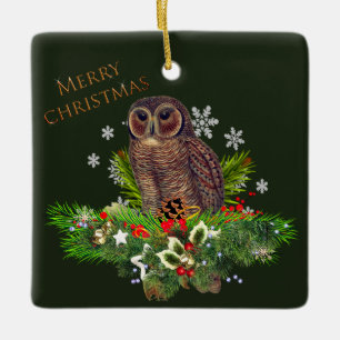 Ornement En Céramique Hibou brun de Noël avec verdure des Fêtes