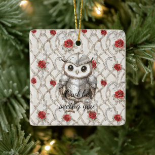 Ornement En Céramique Hibou chevalier sous armure brillante Roses rouges