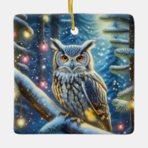 Ornement En Céramique Hibou Grand-duc Dans Une Forêt Couverte De Neige
