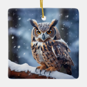 Ornement En Céramique Hibou Grand-duc Dans Une Forêt Couverte De Neige