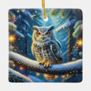 Ornement En Céramique Hibou Grand-duc Dans Une Forêt Couverte De Neige