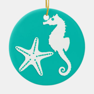 Ornement En Céramique Hippocampe et étoile de mer - blanc sur turquoise