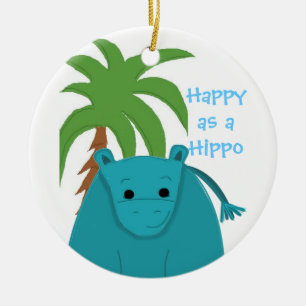 Ornement En Céramique Hippopotame bleu avec un palmier