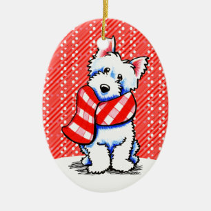 Ornement En Céramique Hiver heureux d'écharpe de plaid de Westie