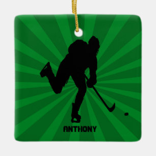 Ornement En Céramique Hockey de silhouette avec l'ornement vert de Noël