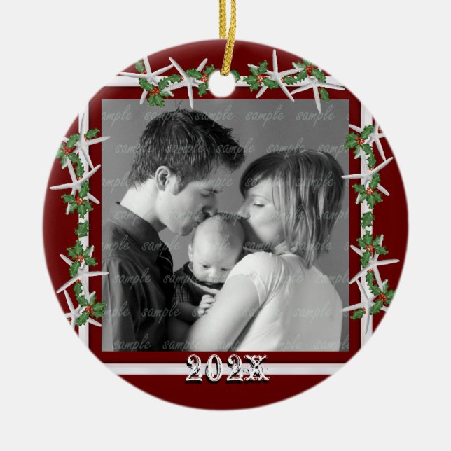 Ornement En Céramique Holly and Starfish Red Family Photo Frame (Devant)
