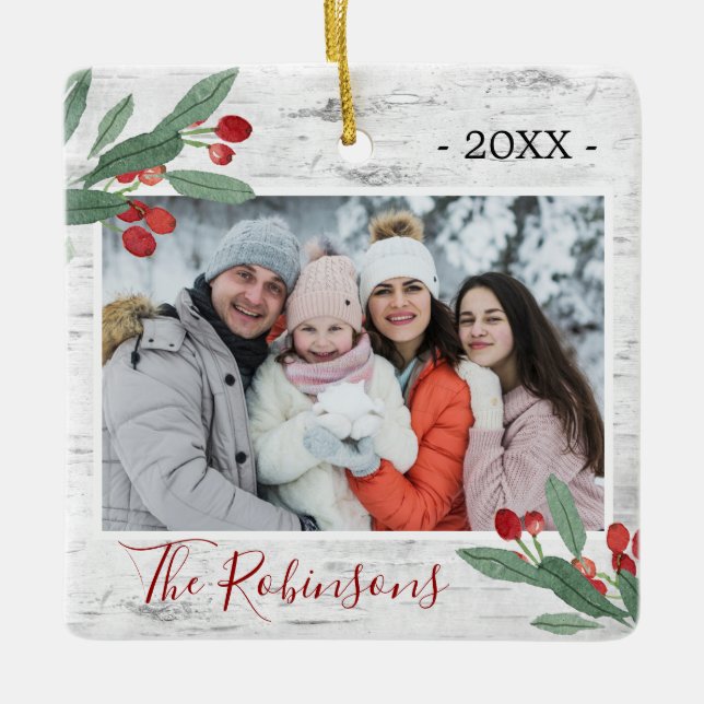 Ornement En Céramique Holly Berry Rustic Birch PHOTO White Bark (Devant)