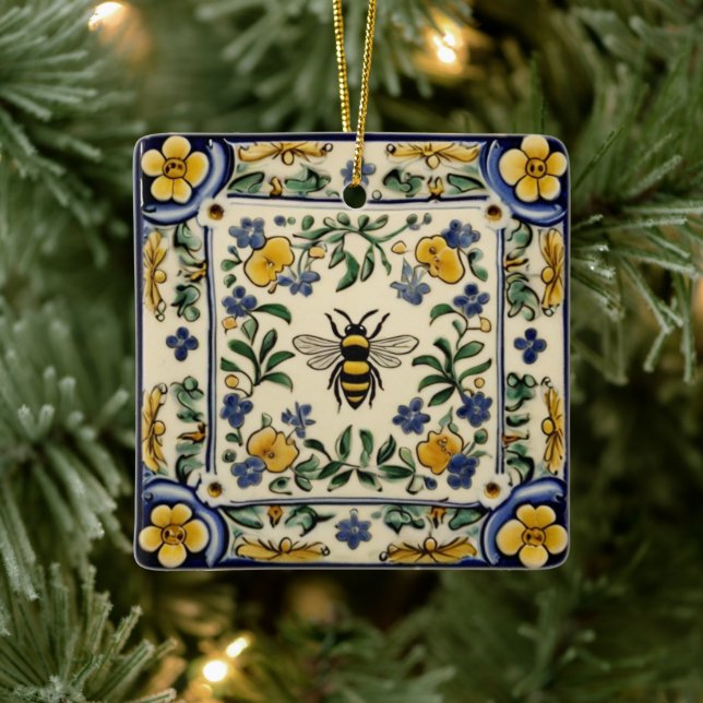 Ornement En Céramique Honey Bee Traditional Blue Yellow Mediterranean (Arbre)
