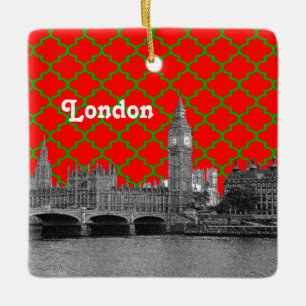 Ornement En Céramique Horizon de Londres gravé, Quatrefoil vert rouge ve