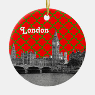 Ornement En Céramique Horizon de Londres Gravure Vert Rouge Quatrefeuill