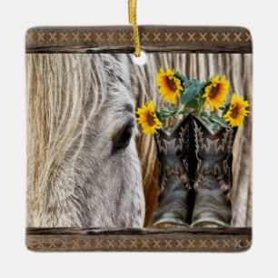 Ornement En Céramique Horse Cowboy Boots Sunflowers Barque