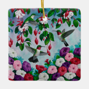 Ornement En Céramique Hummingbirds à Fuchsia Flower Garden