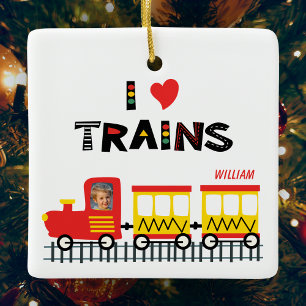 Ornement En Céramique I Love Trains Enfants Photo et nom Noël