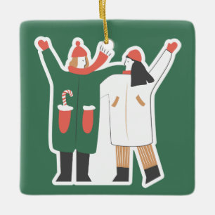 Ornement En Céramique Illustration de couple mignon en hiver avec nom pe