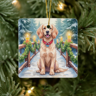Ornement En Céramique Illustration de Noël de Boykin Spaniel sur un pont