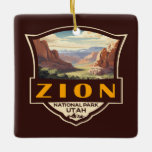 Ornement En Céramique Illustration du parc national Zion Insigne rétro<br><div class="desc">Design d'illustration vectorielle de Sion. Le parc est une réserve naturelle du sud-ouest de l'Utah qui se distingue par les falaises rouges abruptes de Zion Canyon.</div>
