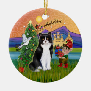 Ornement En Céramique Imaginaire de Noël - chat Tuxedo noir et blanc
