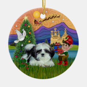 Ornement En Céramique Imaginaire de Noël - Shih Tzu (noir-blanc)