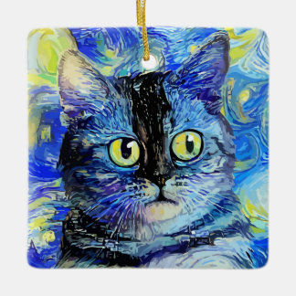 Ornement En Céramique Impressionniste Starry Night Tabby Cat Portrait